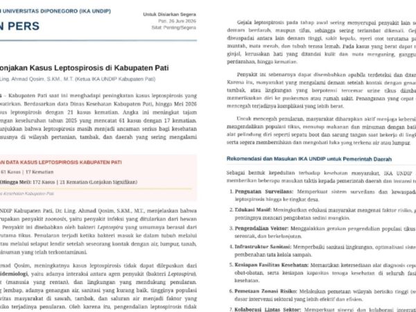 Leptospirosis di Pati Meningkat Tajam, IKA UNDIP Minta Upaya Pencegahan Diperketat